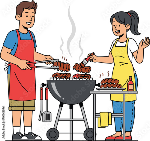 Happy young couple grilling delicious BBQ ribs on charcoal grill, man using tongs, woman basting ribs with sauce, outdoor cooking, summer fun