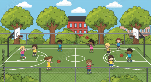 Children Playing Basketball in Outdoor Court Vector Illustration, School Playground Activity Scene, Fun Sports Game for Kids, Educational and Recreational Use