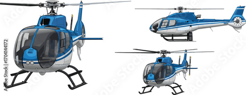 Modern Blue Helicopter Vector Illustration, Detailed Aircraft from Multiple Angles, Realistic Air Transport Design for Aviation Projects, Posters, and Digital Use.