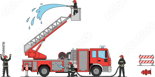 Firefighter team using fire truck, spraying water, working together in emergency situation, fire rescue operation, flat vector illustration for safety or education content