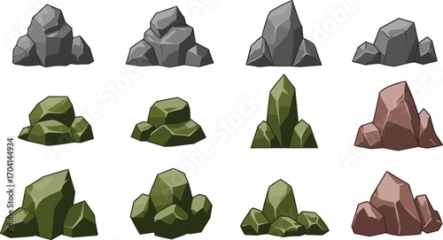 Cartoon vector rock set in different colors and shapes, stylized stones for landscape design, game assets, nature, or environment illustration