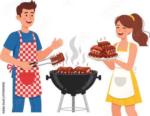 Happy young couple grilling delicious BBQ ribs outdoors, man cooking on grill, woman holding plate full of ribs, summer cookout fun, flat vector illustration