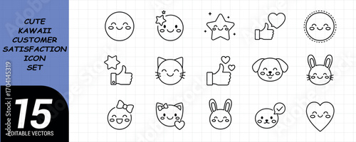 15 editable kawaii style, cute client satisfaction icon vector set