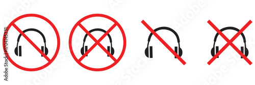 No Headphones Allowed Sign – Prohibition Symbol with Crossed Out Headphone Icon in Flat Vector