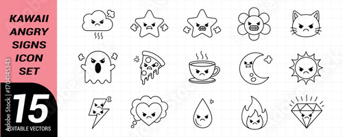 15 editable kawaii, cute, angry signs icon vector set