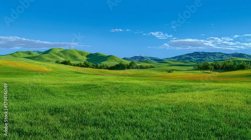 Vibrant green field under clear blue sky.