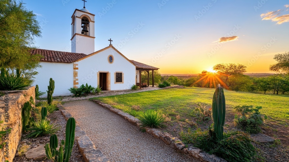 Fototapeta premium Rural mission church during sunset with rustic architecture and lush vegetation