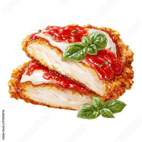 Chicken Parmigiana, watercolor drawing vector, isolated on a white background.
