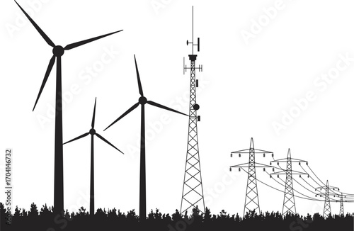 Silhouette vector of wind turbines, communication tower, and power lines, perfect for renewable energy, electricity infrastructure, and green technology themed illustrations
