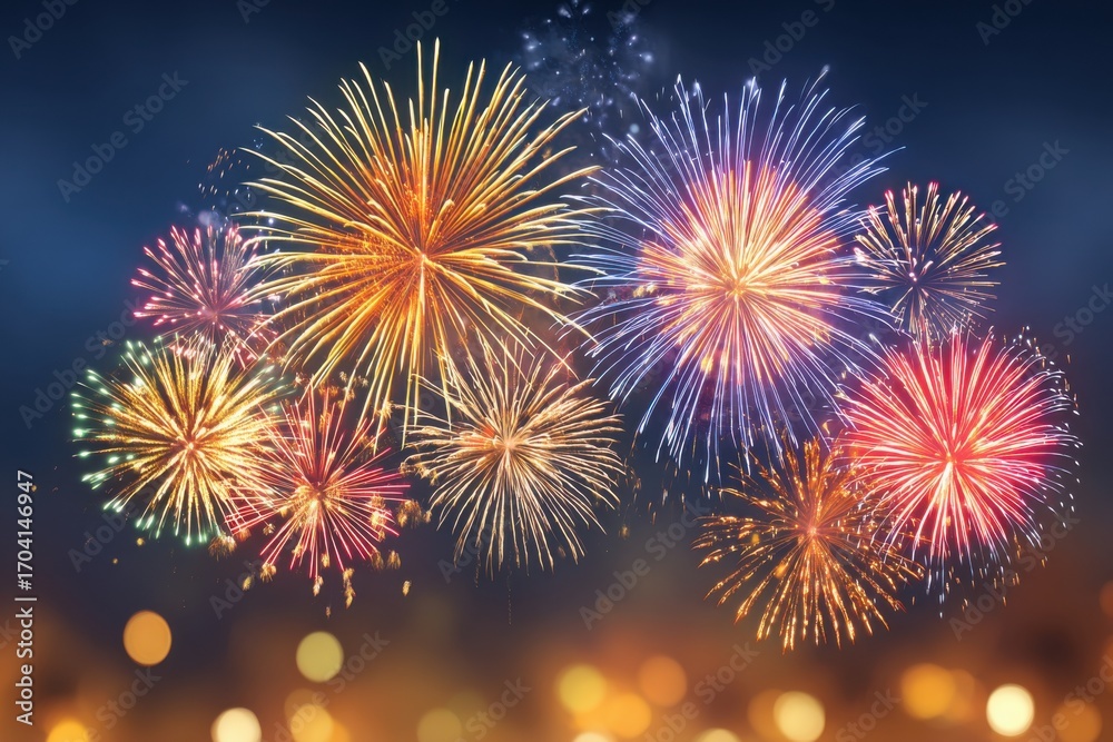 Fototapeta premium Bright holiday fireworks display lighting up the night sky, bursting with vibrant colors and sparkling effects, creating a festive atmosphere for celebrations and events