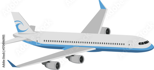 Vector illustration of a modern commercial airplane with a sleek blue design, showing side view, ideal for aviation, travel, and transport themes
