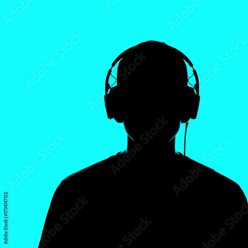 Vector illustration off silhouette of a person wearing headphones against a cyan background