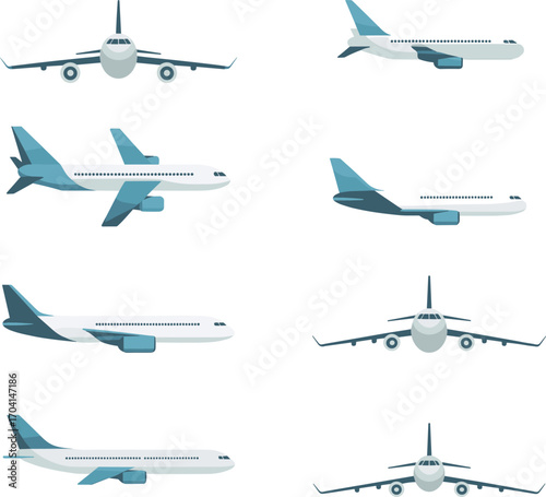 Set of modern airplane icons in flat design, showing different views and angles of aircrafts, ideal for travel, aviation, and transport illustrations.