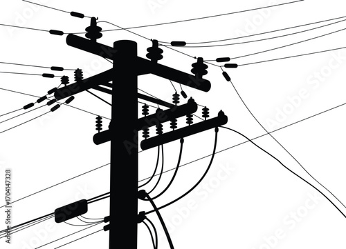 Vector silhouette illustration of electric utility pole with tangled power lines, perfect for infrastructure, energy, electricity, and urban utility design themes