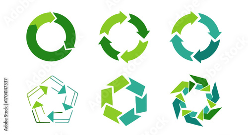 Vector illustration off six green circular arrows representing recycling process