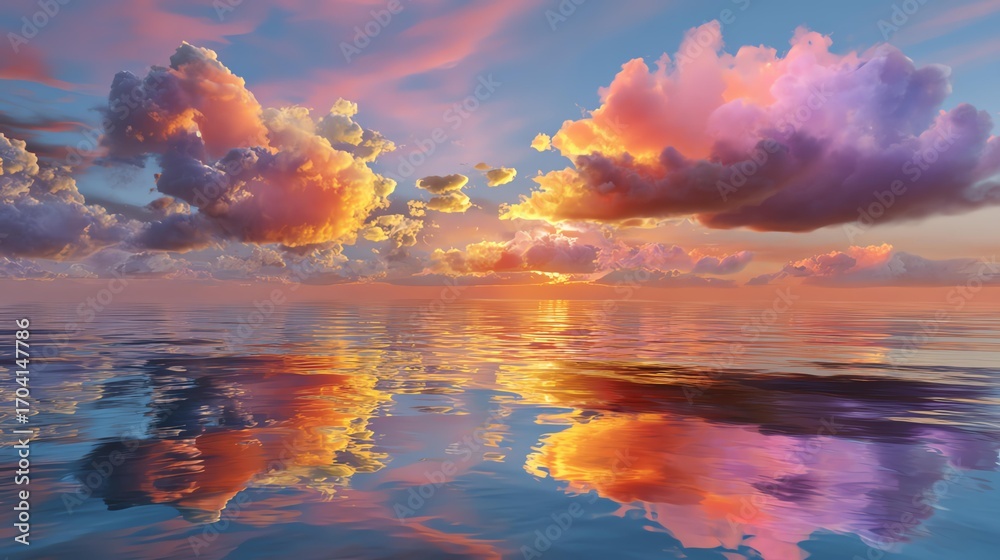 Fototapeta premium Vibrant sunset sky reflecting on calm ocean.