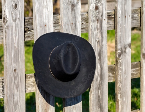 Black cowboy hat hanging on a weathered wooden fence