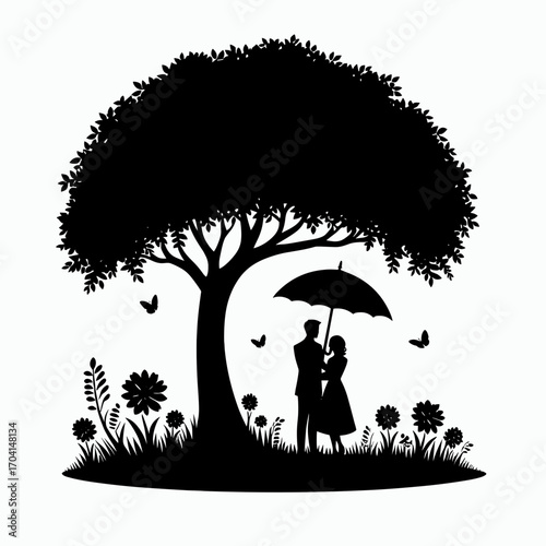 Couple under umbrella in a park
