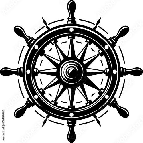 Navigational Compass: A precise navigational wheel, meticulously crafted in detailed black and white. This image embodies the essence of maritime exploration and adventure.