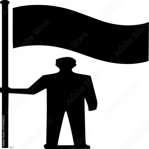 Emblem of Leadership: A bold black silhouette of a person stands tall, holding a flag on a pole, a symbol of authority, direction, and unwavering leadership.