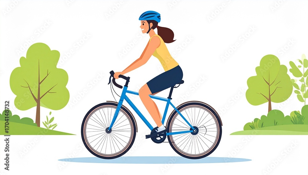 Obraz premium Woman Riding Bicycle Through Green Park on Sunny Day.