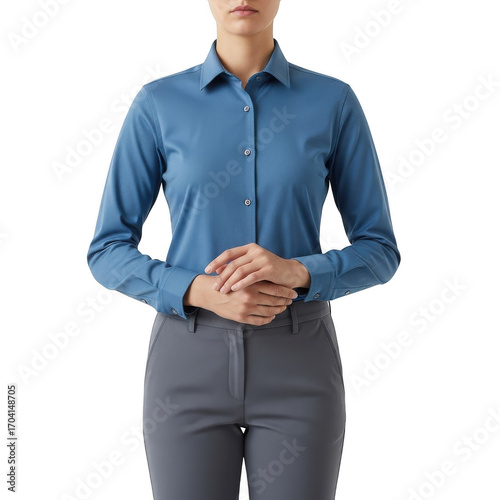 Professional blue denim long sleeve button down shirt for women with gray trousers transparent background