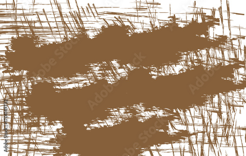 This abstract image showcases bold brown brush strokes over a white background, combined with distressed line textures for a grunge style effect. 