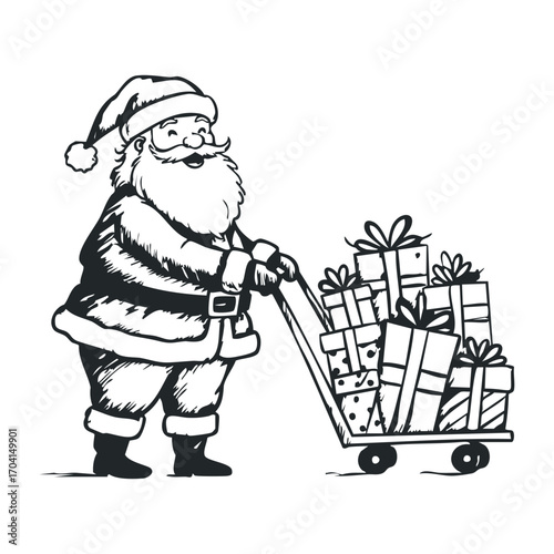 Santa claus delivering christmas gifts winter wonderland illustration festive environment cheerful viewpoint. Vector illustration