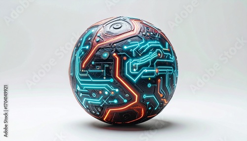 A leather World Cup soccer ball embossed with futuristic neon circuitry patterns, isolated on white backdrop
