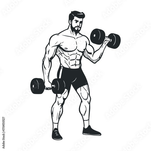 Strength training action gym setting illustration of bodybuilder fitness environment dynamic angle health concept. Vector illustration