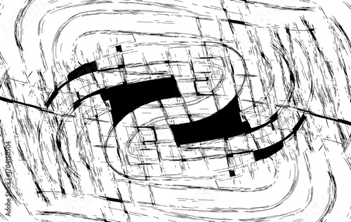 Abstract black and white glitch background features distorted lines, chaotic scratches, and bold geometric shapes. ideal for use in digital art, posters,  grunge textures, and creative graphic project