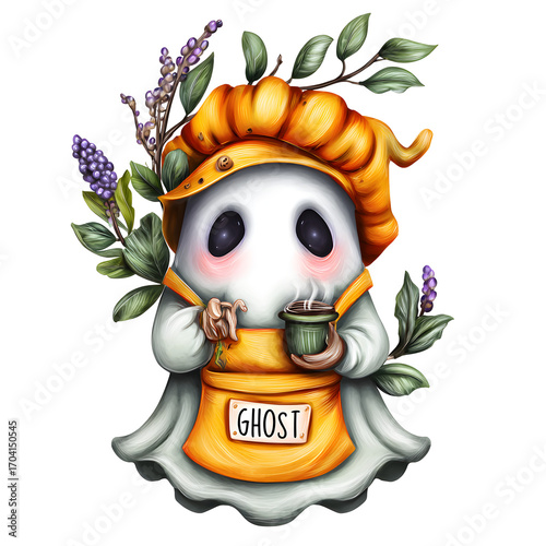 Adorable watercolor PNG of a smiling ghost enjoying a hot coffee, isolated on a transparent background. Great for cozy fall designs, Halloween crafts, and cute seasonal illustrations