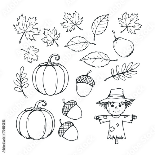 Harvesting autumn scarecrow and seasonal leaves illustration fall nature artistic environment creative design. Vector illustration