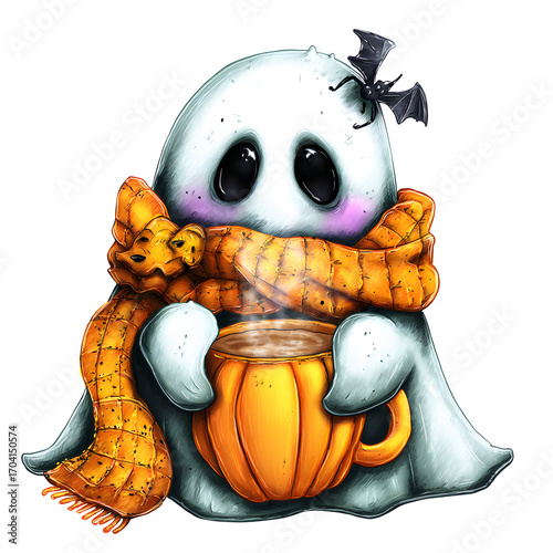 Adorable watercolor PNG of a smiling ghost enjoying a hot coffee, isolated on a transparent background. Great for cozy fall designs, Halloween crafts, and cute seasonal illustrations
