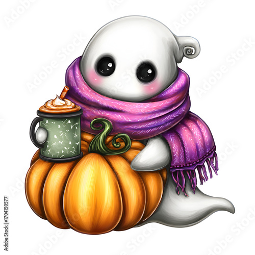 Adorable watercolor PNG of a smiling ghost enjoying a hot coffee, isolated on a transparent background. Great for cozy fall designs, Halloween crafts, and cute seasonal illustrations