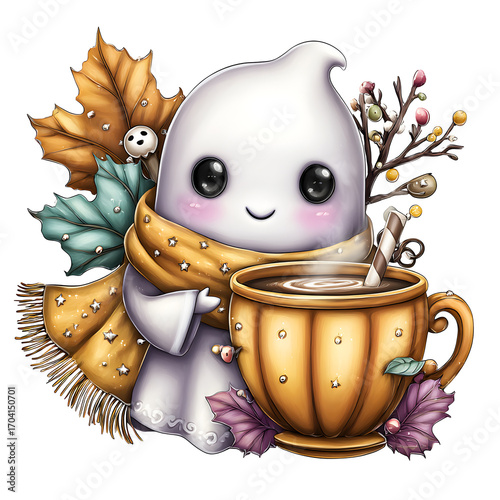 Watercolor PNG of a cute little ghost holding a warm coffee cup, isolated on a transparent background. Perfect for cozy Halloween designs, autumn decor, and whimsical seasonal art.