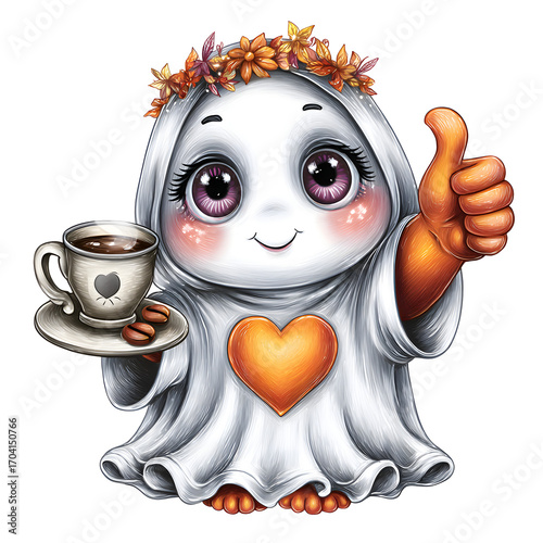 Watercolor PNG of a cute little ghost holding a warm coffee cup, isolated on a transparent background. Perfect for cozy Halloween designs, autumn decor, and whimsical seasonal art.