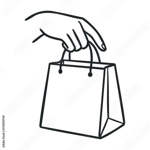 Shopping action hand holding paper bag retail store graphic design minimalist style. Vector illustration