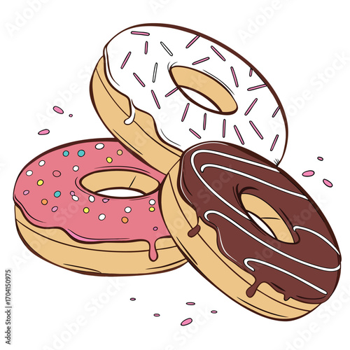 Three Frosted Doughnuts with Sprinkles and Drizzles on White Background donuts sweet