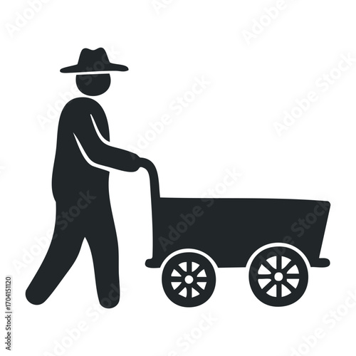 Farmer pushing cart in agricultural field outdoor setting illustrative image rural landscape. Vector illustration