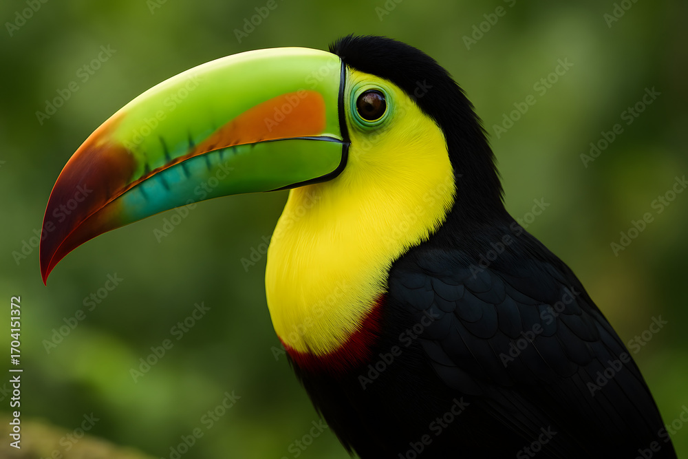 Obraz premium Colorful toucan portrait in tropical rainforest, vibrant beak close up wildlife bird photography, exotic jungle species showcasing vivid plumage details, nature conservation and biodiversity concept