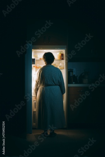 A person is standing in front of an open refrigerator, taking in its light in a dimly lit kitchen during the late-night hours