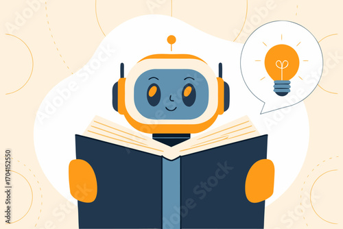 Uczący się robot z książką i nowym pomysłem. Koncepcja sztucznej inteligencji, uczenia maszynowego i innowacji.
