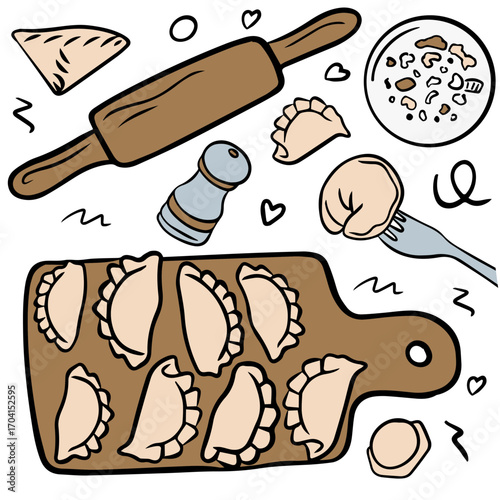 Dumplings doodle set, hand drawn