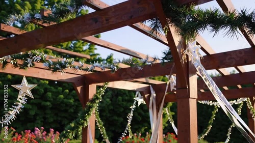 Decorative wooden pergola adorned with shimmering stars, vibrant greenery, and festive ribbons, showcasing a beautifully arranged outdoor setting, capturing the essence of celebration and joy in a ser