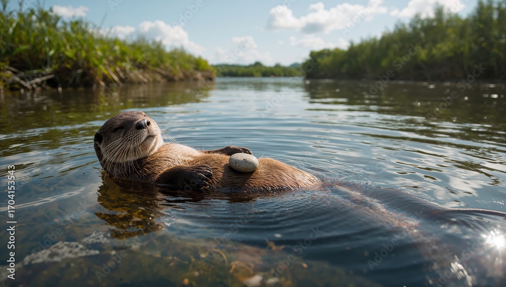 Fototapeta premium Peaceful river otter floats serenely with pebble on calm water surface