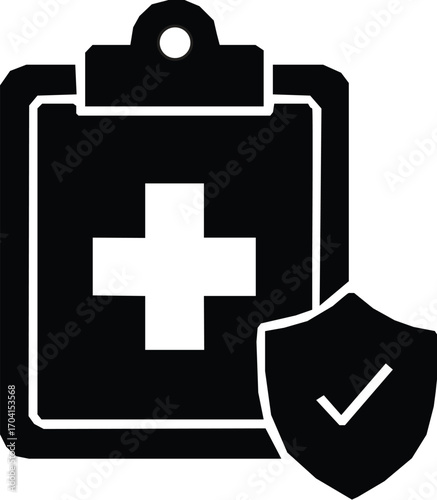 Secure medical report glyph icon showing clipboard with health data and protection shield for patient privacy vector illustration vector.