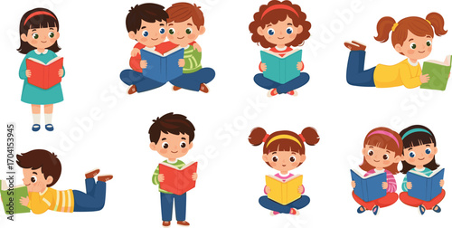 Cartoon children reading books in various poses, diverse kids enjoying literature, educational vector illustration promoting learning, literacy, and joyful storytelling scenes