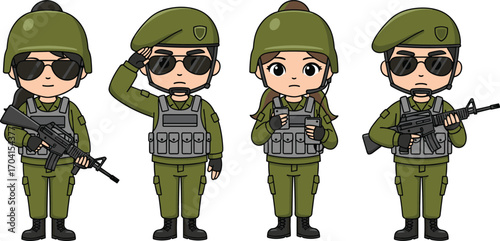 Cartoon military soldiers in green uniform with tactical gear, rifles, salute, binoculars, army team characters for vector illustration design