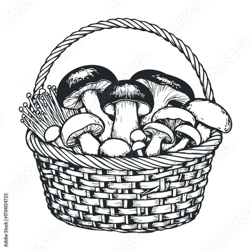 Harvesting fresh mushrooms in a rustic basket nature inspired still life natural environment view. Vector illustration